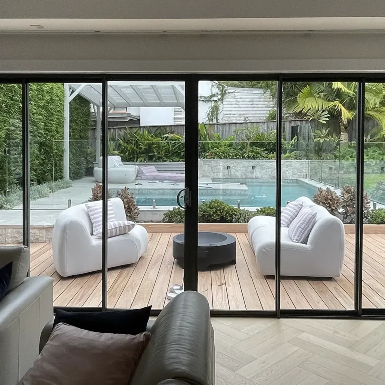 Residential sliding glass doors with window tinting for privacy and heat reduction