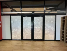 Decorative privacy glass graphics with custom frosted pattern design installed on commercial office doors in Sydney